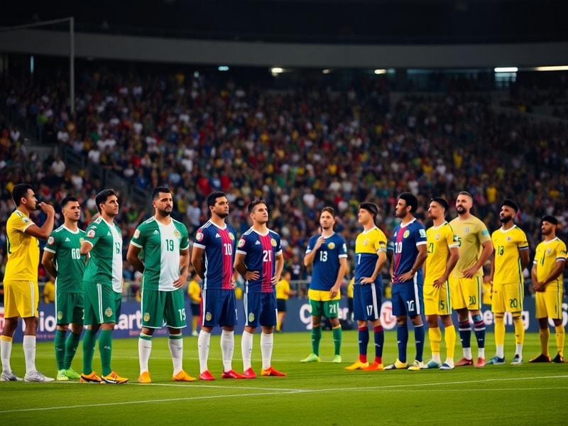 A dynamic action shot of a Mexico vs Ecuador match, capturing a moment of intense play with players in jerseys of both teams,