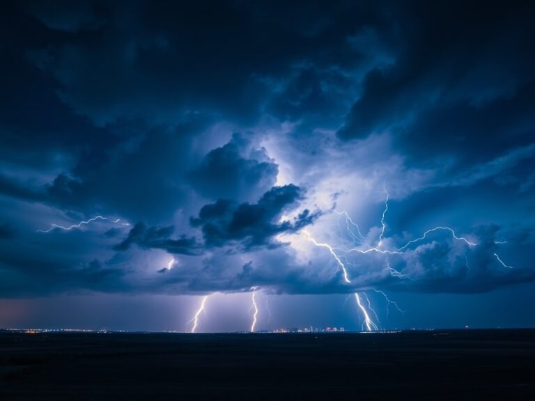A split-screen image showing a dark stormy sky with lightning strikes over a city skyline on one side, and a close-up of a sm