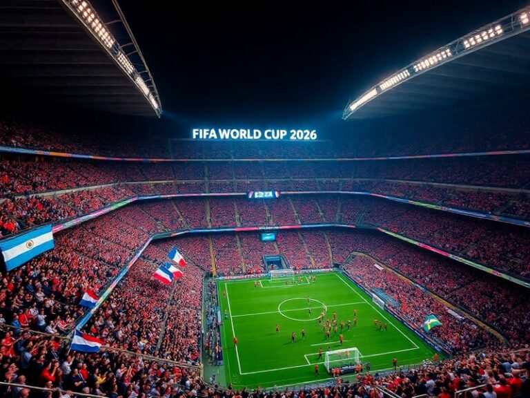 A vibrant stadium packed with fans wearing Brazil, Serbia, and Cameroon jerseys, cheering during a World Cup 2026 match in a