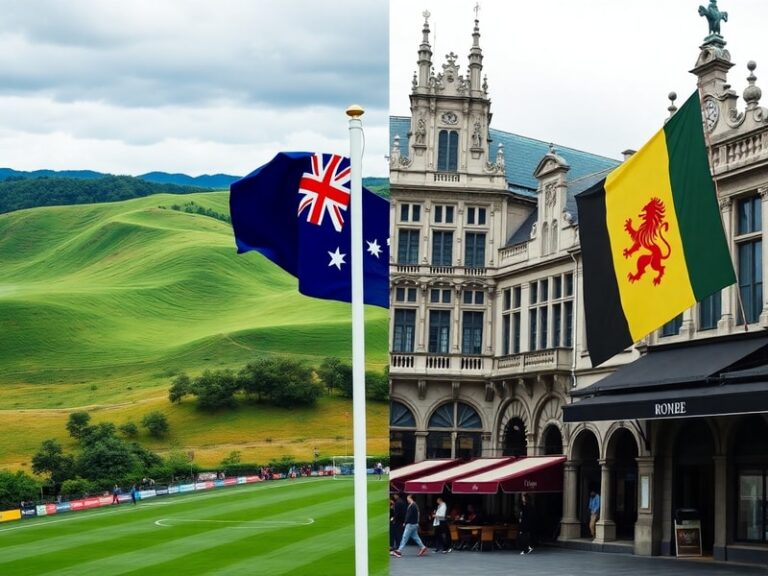 A split-screen image showing the New Zealand team celebrating a goal on one side and the Belgian team in a tactical huddle on