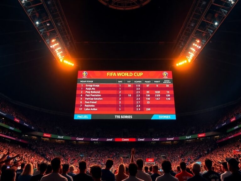 A dynamic shot of a packed stadium during a World Cup match, showing fans in team colors, players celebrating a goal, and the