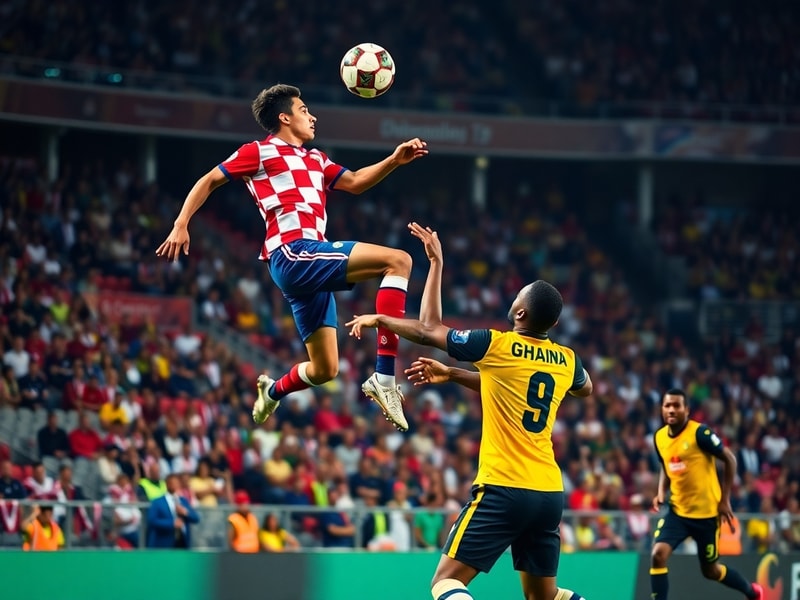 A dynamic mid-match action shot featuring Croatian midfielder Luka Modrić and Ghanaian forward Mohammed Kudus battling for th