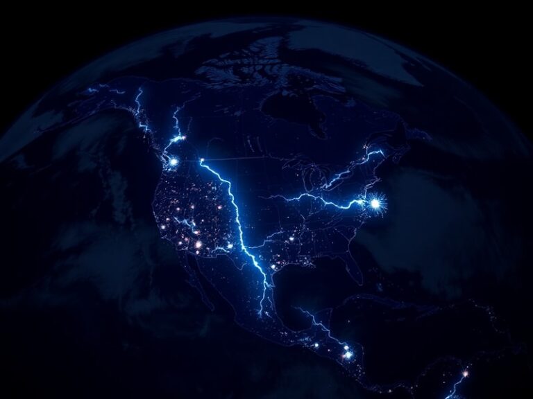 A split-screen image showing a real-time lightning map on a laptop screen alongside a dramatic nighttime thunderstorm with mu
