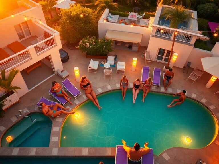 A split-screen image of the Love Island USA Season 8 villa at sunset, with contestants laughing in the pool area on one side