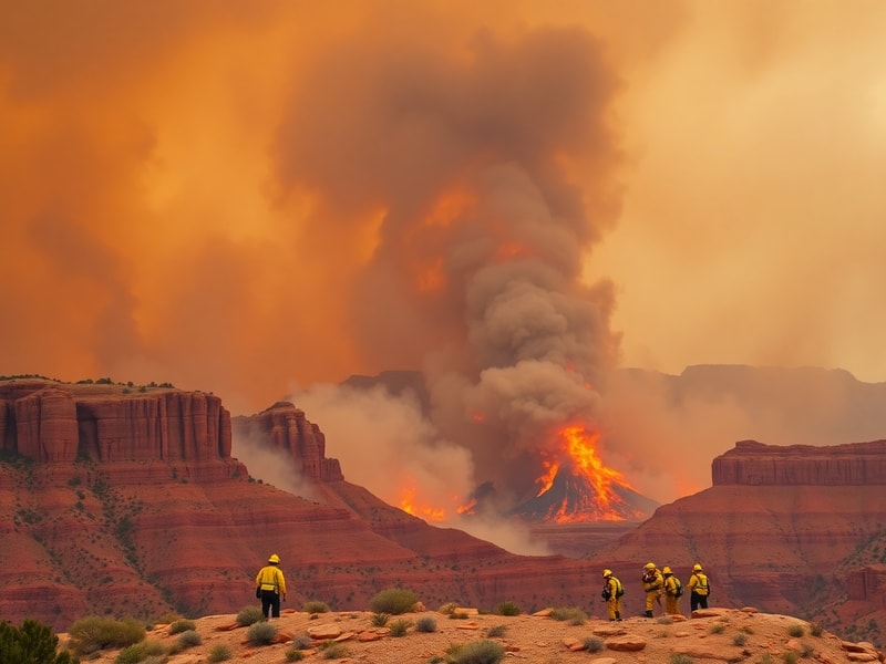 Aerial view of a wildfire burning in a Utah canyon, with smoke billowing over red rock formations and a firefighting aircraft