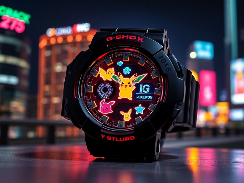 A close-up shot of a G-Shock Pokémon watch on a wrist, showcasing its pixelated design and vibrant colors like Pikachu yellow