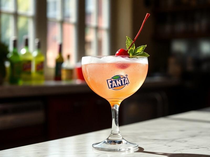 A stylish, well-lit flat lay of an ice-cold Fanta Vanilla Cherry Spritz can next to fresh cherries and vanilla pods, set agai