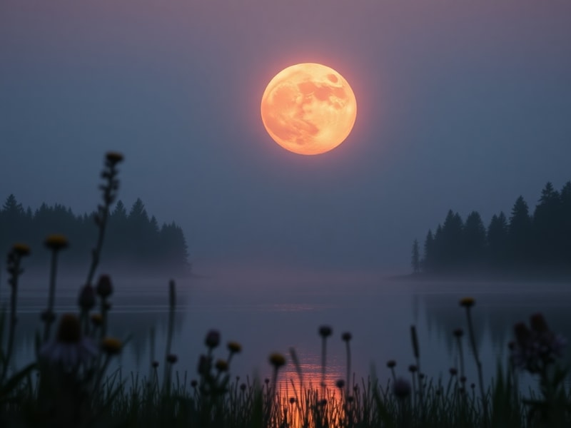 A serene night scene featuring a large, golden Strawberry Moon rising over a quiet lake, surrounded by silhouetted trees and