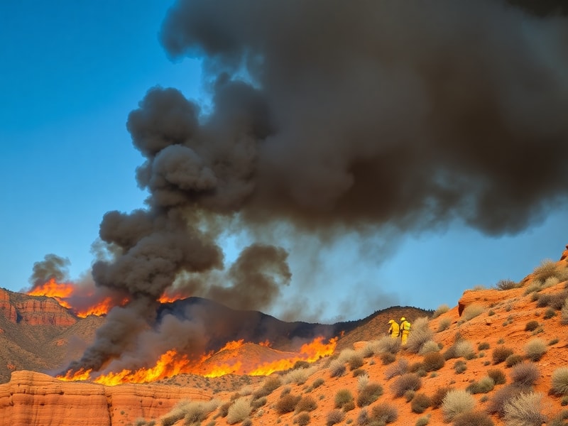 Aerial view of a wildfire burning in Utah’s red rock landscape near a canyon community, with smoke rising and emergency vehic