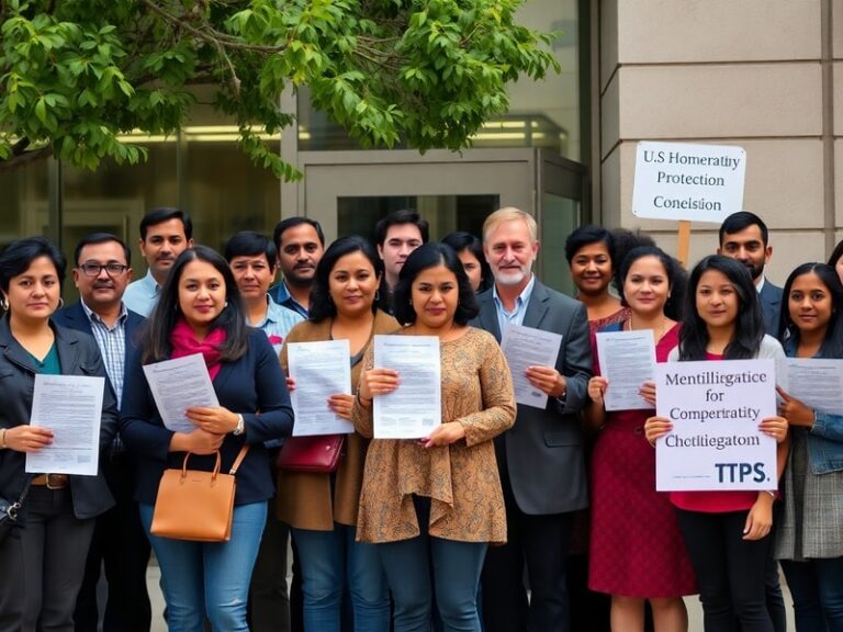 A diverse group of people holding small American flags and work permits, standing outside a U.S. Citizenship and Immigration
