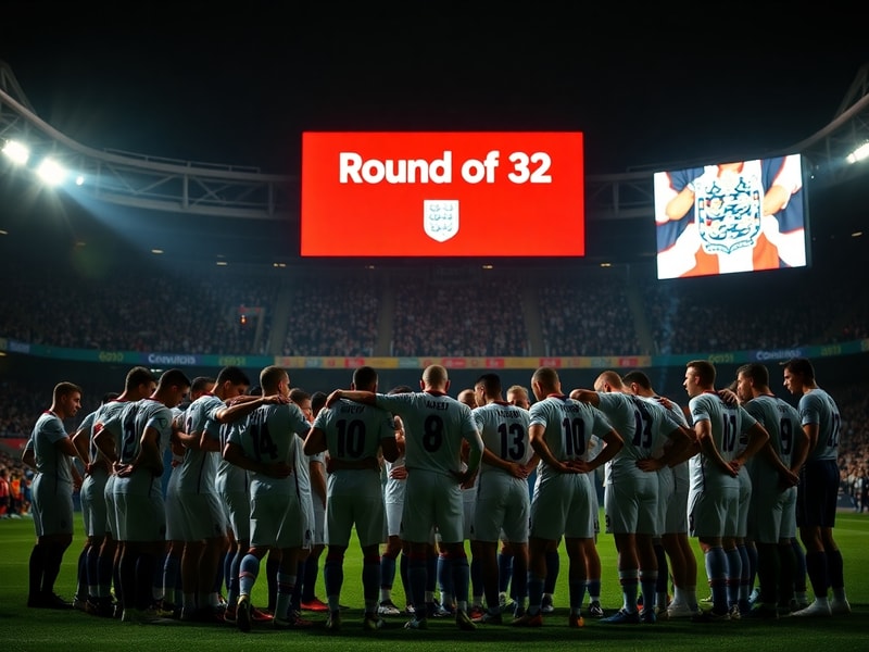A tense football stadium at dusk, with England players in white kits standing on the pitch under floodlights, facing an unsee