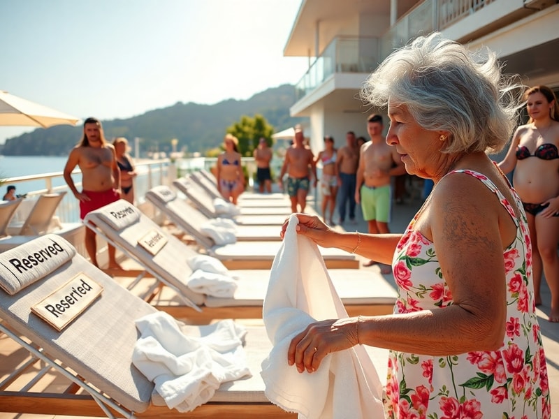 A sunny Spanish beach scene with a grandmother in a floral swimsuit removing towels from sunbeds. Sunbeds are arranged in nea
