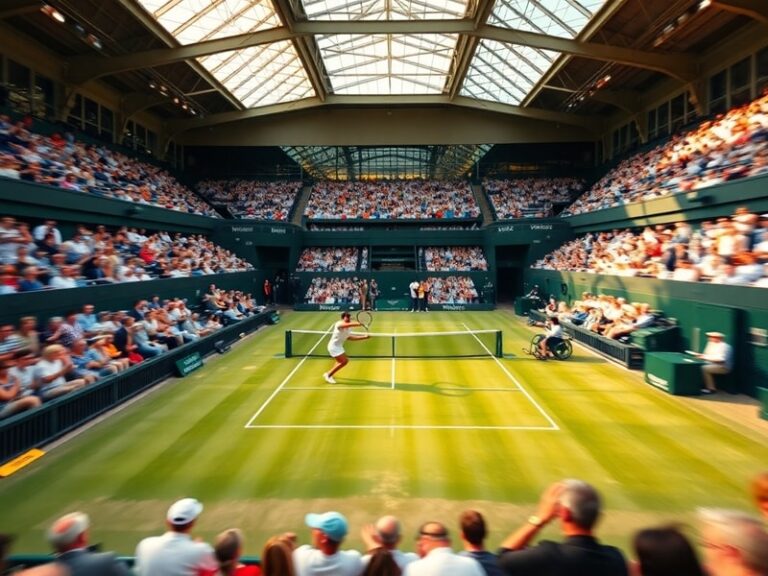 A vibrant aerial view of Wimbledon’s Centre Court during a sunny afternoon, showing packed stands, lush green grass, and play