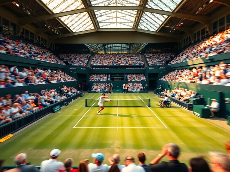 A vibrant aerial view of Wimbledon’s Centre Court during a sunny afternoon, showing packed stands, lush green grass, and play