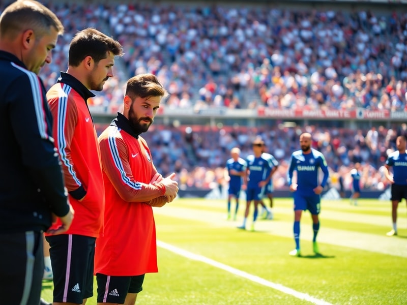 A split-image scene: on the left, Xabi Alonso in his Bayer Leverkusen tracksuit celebrating with his team; on the right, a st
