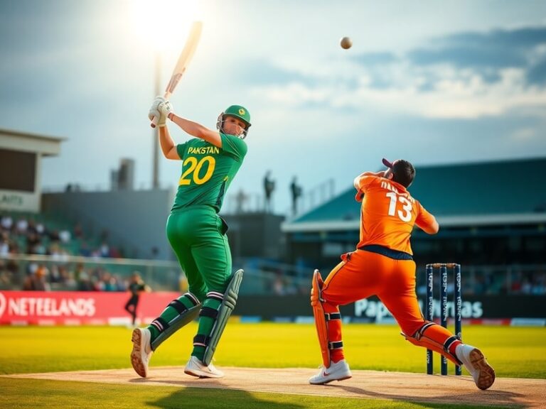A packed stadium in India during a Pakistan vs Netherlands match, with Dutch players celebrating a wicket and Pakistani fans