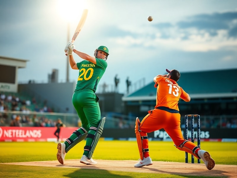 A packed stadium in India during a Pakistan vs Netherlands match, with Dutch players celebrating a wicket and Pakistani fans