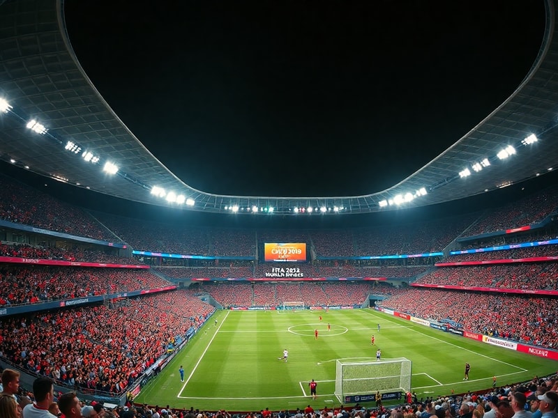 A vibrant aerial view of SoFi Stadium in Los Angeles during sunset, with digital overlays showing the 2026 World Cup logo and