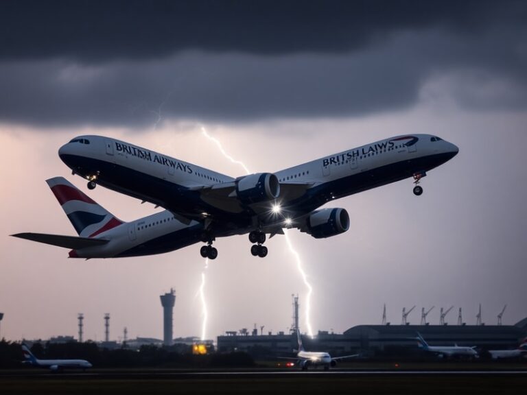A bustling Heathrow terminal filled with stranded passengers, rain-streaked windows, and overhead screens displaying canceled