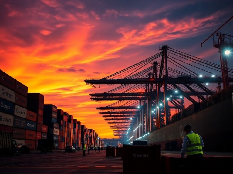 A split-image illustration: on one side, a rustic customs warehouse with stacks of shipping crates, red tape, and tariff docu
