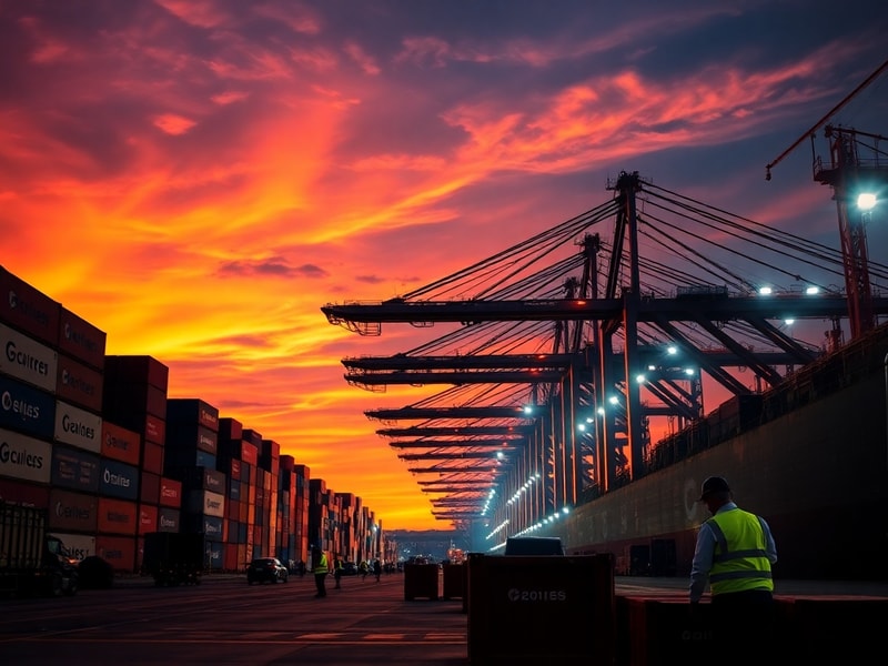 A split-image illustration: on one side, a rustic customs warehouse with stacks of shipping crates, red tape, and tariff docu