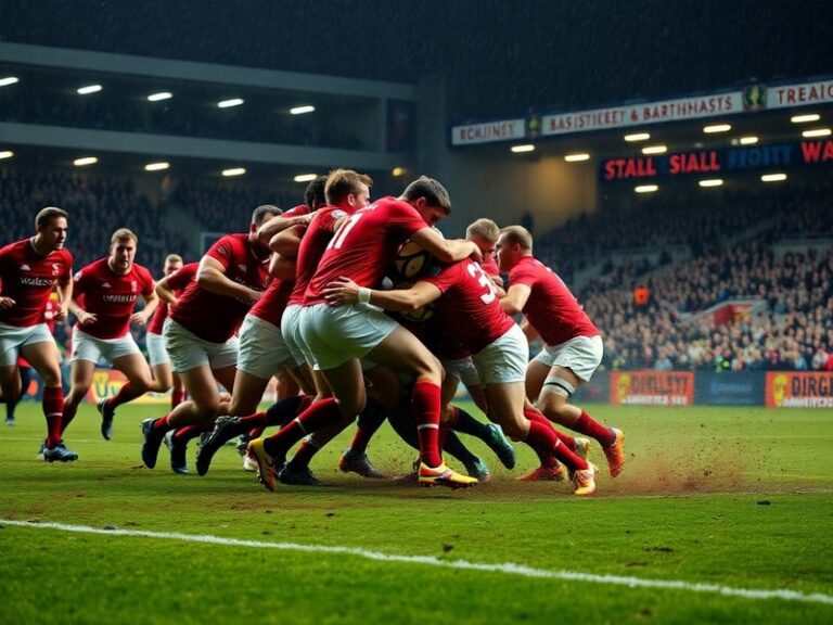 A dynamic action shot of the Wales vs Barbarians match at Principality Stadium, showing players in mid-tackle, muddy pitches,