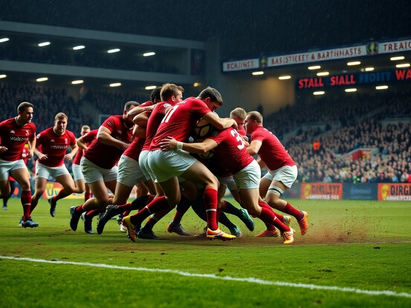 A dynamic action shot of the Wales vs Barbarians match at Principality Stadium, showing players in mid-tackle, muddy pitches,