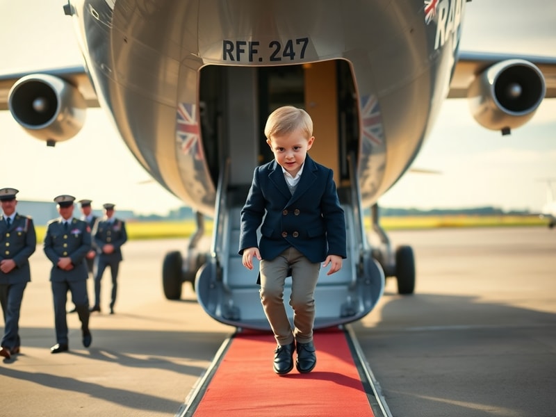 Prince George in a small RAF flight suit standing next to a Typhoon jet at RAF Coningsby, with pilots and officers in the bac