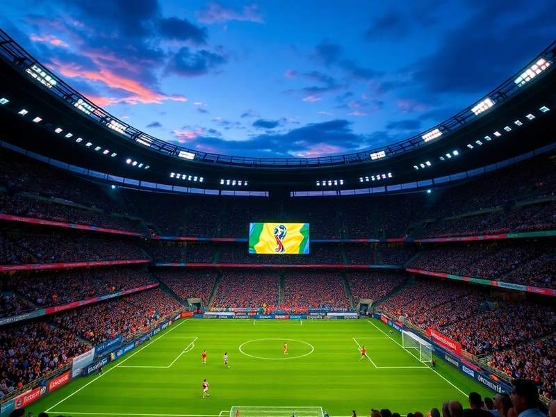 A wide-angle shot of SoFi Stadium in Inglewood during sunset, with digital World Cup 2026 branding projected on the facade an
