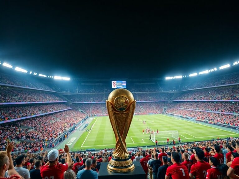 A vibrant stadium packed with fans under floodlights, showcasing a mix of international flags and soccer jerseys, with the Wo