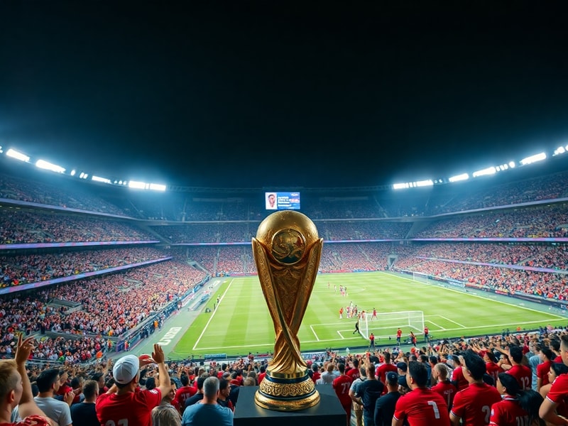 A vibrant stadium packed with fans under floodlights, showcasing a mix of international flags and soccer jerseys, with the Wo