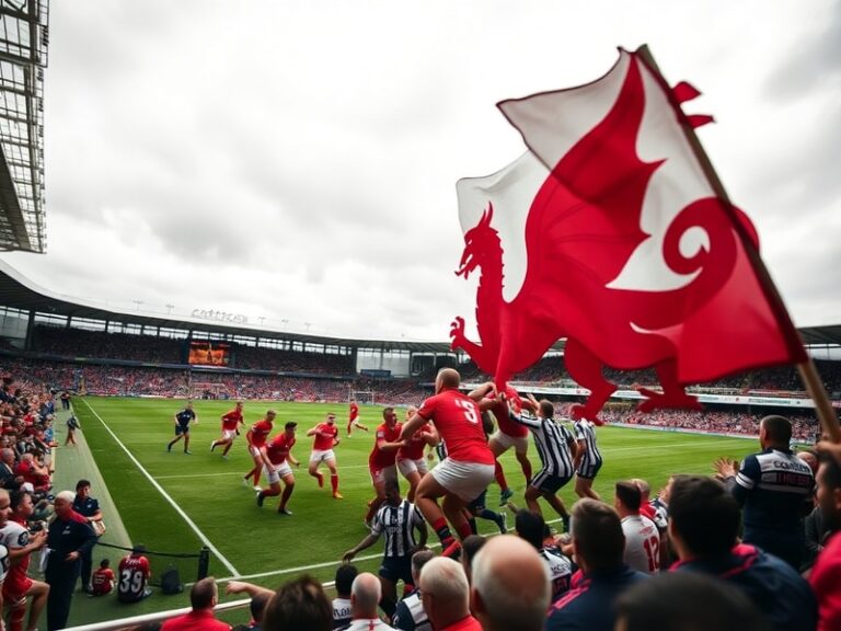 A dynamic mid-action shot of a Wales vs Barbarians match at Principality Stadium, showcasing a Welsh player in red breaking a