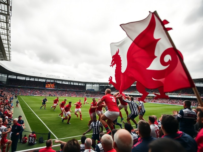 A dynamic mid-action shot of a Wales vs Barbarians match at Principality Stadium, showcasing a Welsh player in red breaking a