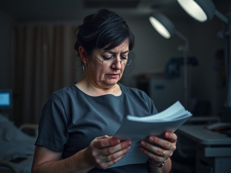 A professional portrait of Donna Ockenden in a hospital corridor, holding a patient file and speaking with a colleague. The s