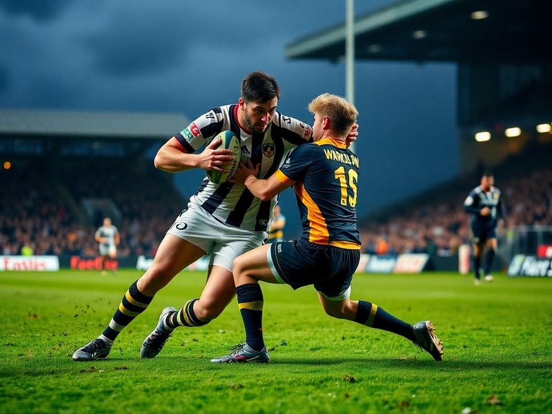 A muddy rugby league pitch under stadium lights, with players in action during a wet Tuesday night Super League match between