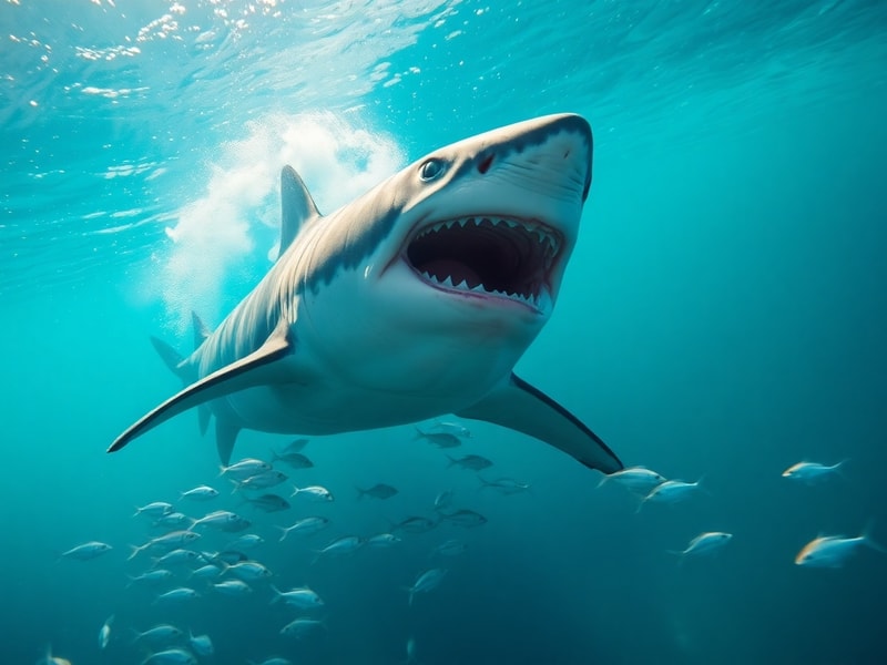 A diver swimming alongside a large, graceful whale shark in clear blue water, with sunlight filtering through the surface. Th