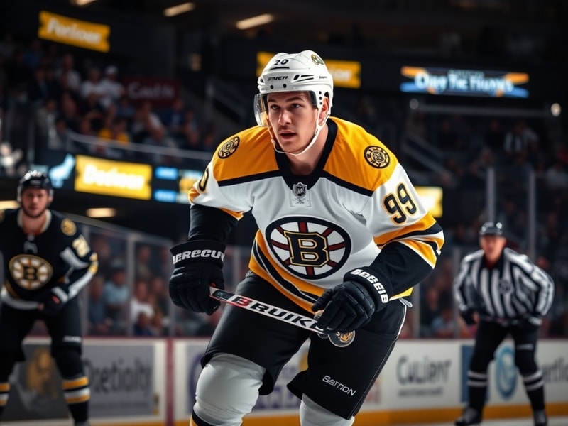 Brandon Carlo in a Boston Bruins uniform during a game, mid-shift with a focused expression, battling an opponent in the corn