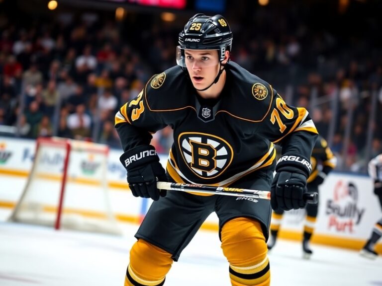 Brandon Carlo in a Boston Bruins jersey during a game, skating on defense with a focused expression, surrounded by the TD Gar