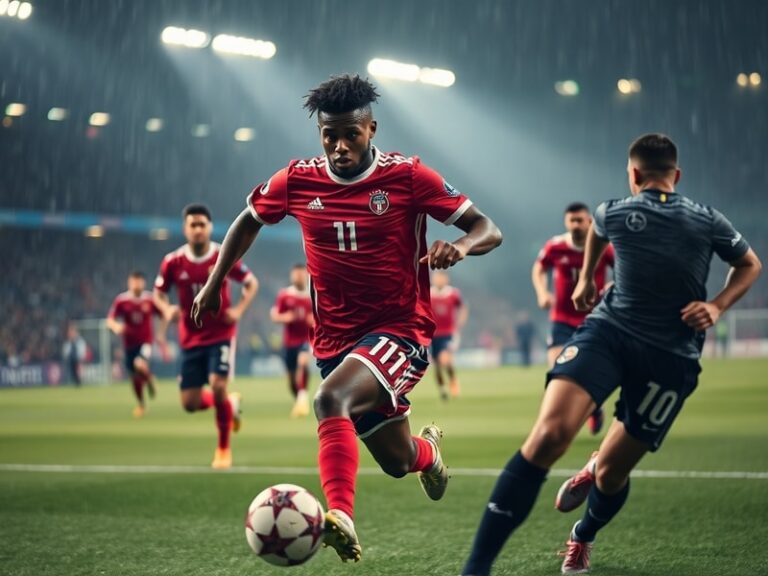A dynamic action shot of Cody Gakpo in a Liverpool FC jersey, mid-dribble on a rain-soaked Anfield pitch, with blurred crowd