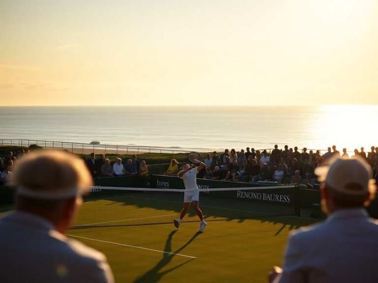 A vibrant aerial shot of Eastbourne’s Devonshire Park with Centre Court in the foreground, surrounded by modern AR displays a