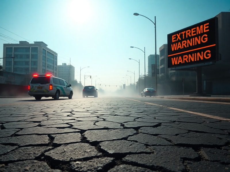 Aerial view of a sunbaked city street with cracked pavement and sparse tree cover. A thermometer in the foreground shows 115°