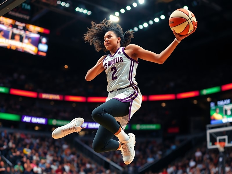 Marina Mabrey in a white Chicago Sky jersey, mid-game, dribbling past a defender with intense focus, surrounded by teammates