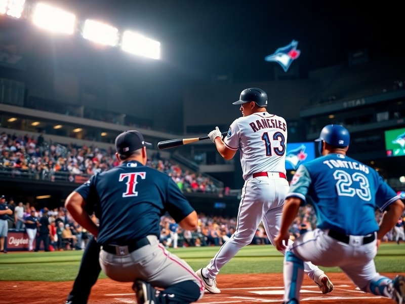 A split-screen image showing the Toronto Blue Jays' vibrant stadium atmosphere with multicultural fans and the Texas Rangers'
