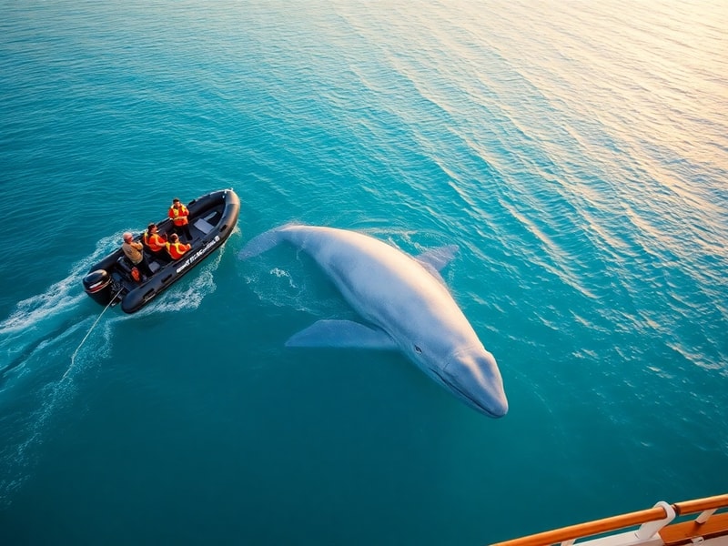 Aerial view of a large Royal Caribbean cruise ship navigating through a whale migration zone with visible whale spouts in the