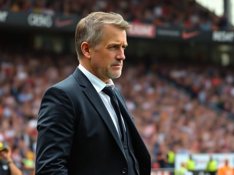 A mid-career action shot of Thomas Christiansen coaching from the sidelines, wearing a dark jacket and intense expression, wi