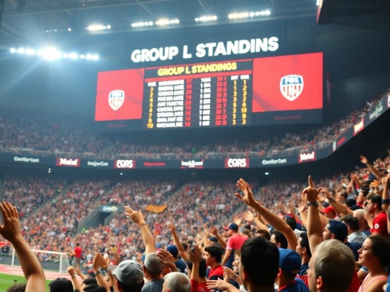 A vibrant locker room scene with a whiteboard displaying Group L standings, players huddled in discussion, and tactical diagr