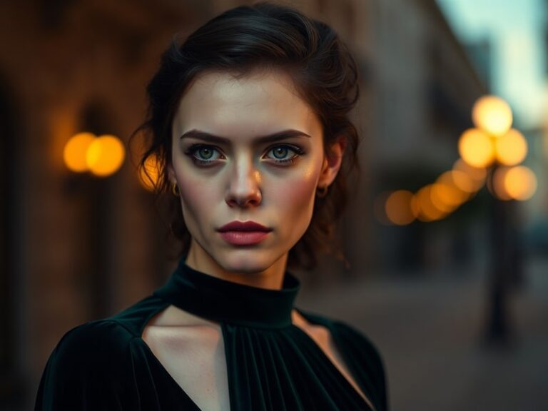 Anya Taylor-Joy in a cinematic portrait, blending ethereal beauty with fierce intensity. She wears a dark, textured outfit wi