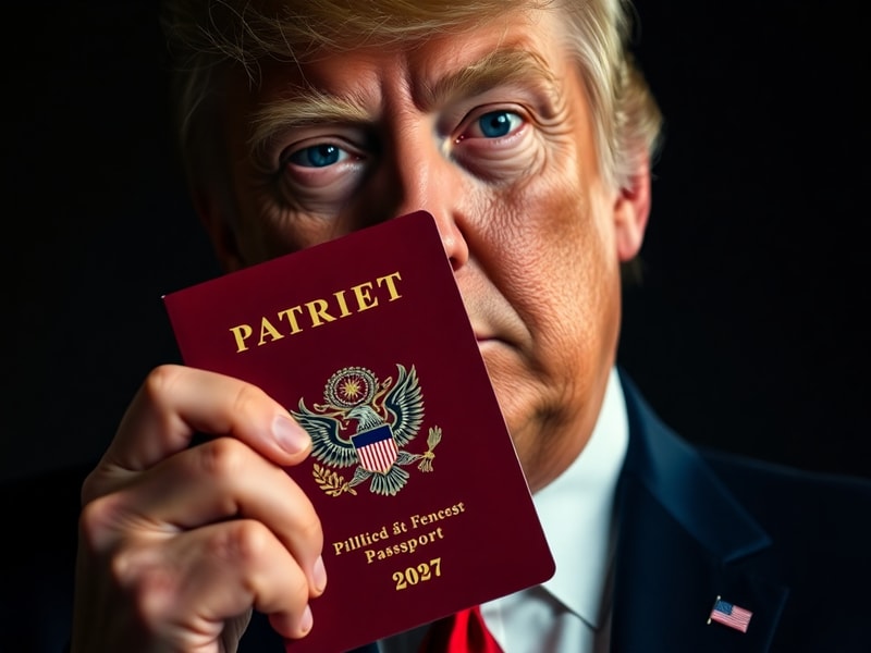 A collage-style image showing a red 'Trump Patriot Passport' with an eagle emblem, surrounded by social media posts, news hea