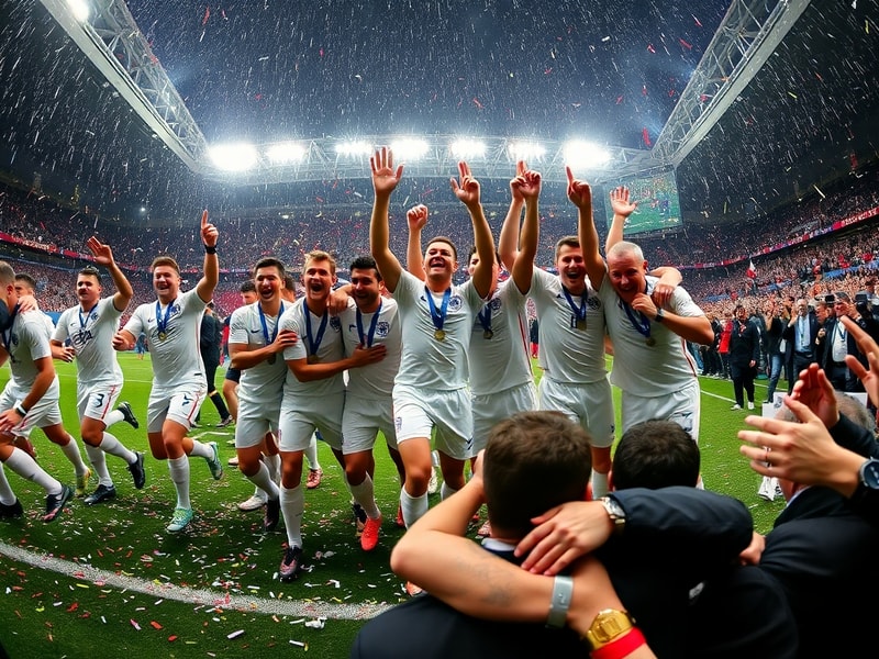 A dynamic action shot of England players celebrating a goal during a World Cup match, with Wembley Stadium in the background,
