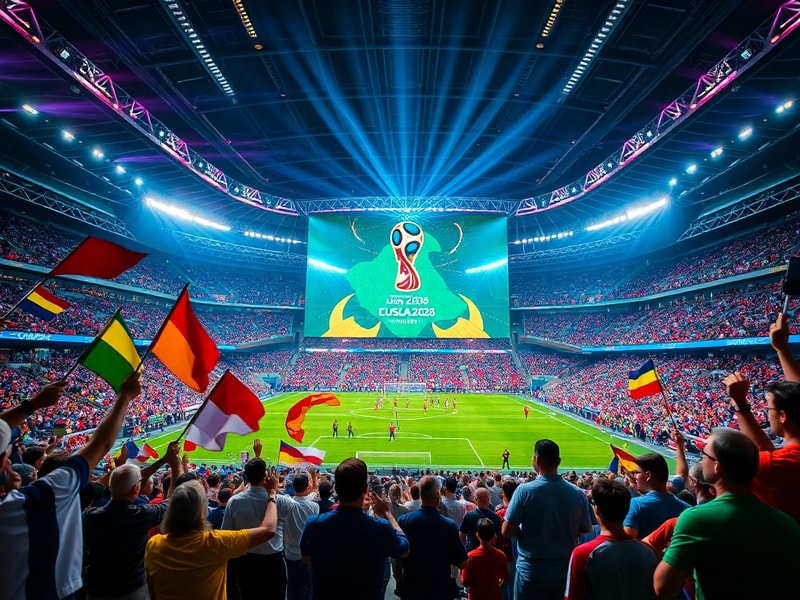 A vibrant stadium packed with fans, featuring four team kits (Italy, Switzerland, Morocco, Japan) in a dynamic collage, set a
